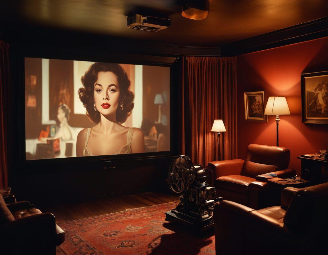 A captivating, artistic representation of a dimly lit film set with soft shadows, featuring a vintage projector casting sensual clips onto a screen. Various fetish items are subtly placed around, evoking curiosity and allure. The atmosphere is intimate and seductive, inviting viewers into the world of adult cinema. Accentuate the allure with rich colors and textures. painting. vibrant colors. dark ambiance.