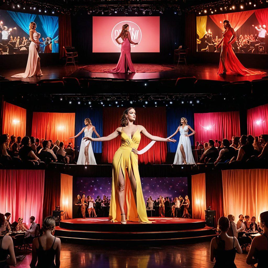 An artistic collage illustrating the duality of the adult film industry, showing a split scene: on one side, a dreamy R-rated film set with soft lighting and glamorous actors, and on the other, a vibrant live adult show stage with dynamic lights and performers. Blend elements of romance and excitement, capturing the essence of both worlds. Evoke curiosity and sophistication. super-realistic. vibrant colors. 3D.