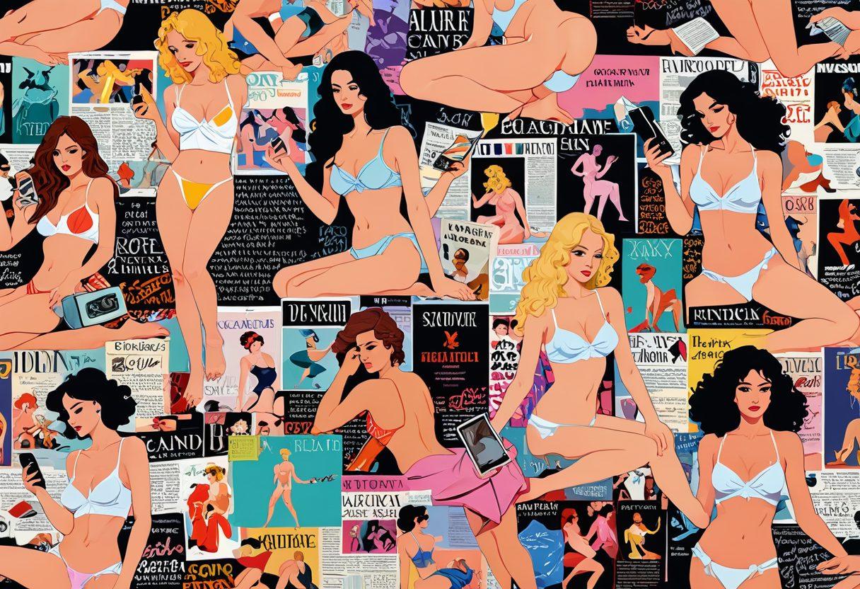 A captivating collage representing the evolution of erotic content, featuring vintage magazines blending into modern digital devices like smartphones and tablets. Include whimsical elements like fantasy icons, shadows of fetishes, and swirling texts that symbolize desire and exploration. The background should transition from soft pastels to vibrant neon colors, evoking a sense of allure and excitement. pixel art. vibrant colors. abstract.